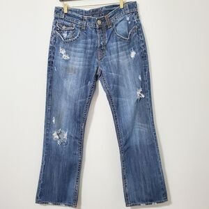 MEK Denim Pueblo Boot Cut Button Fly Distressed Jeans 34 Waist
